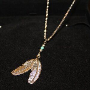 Southwest style silver double FEATHER turquoise necklace BOHO